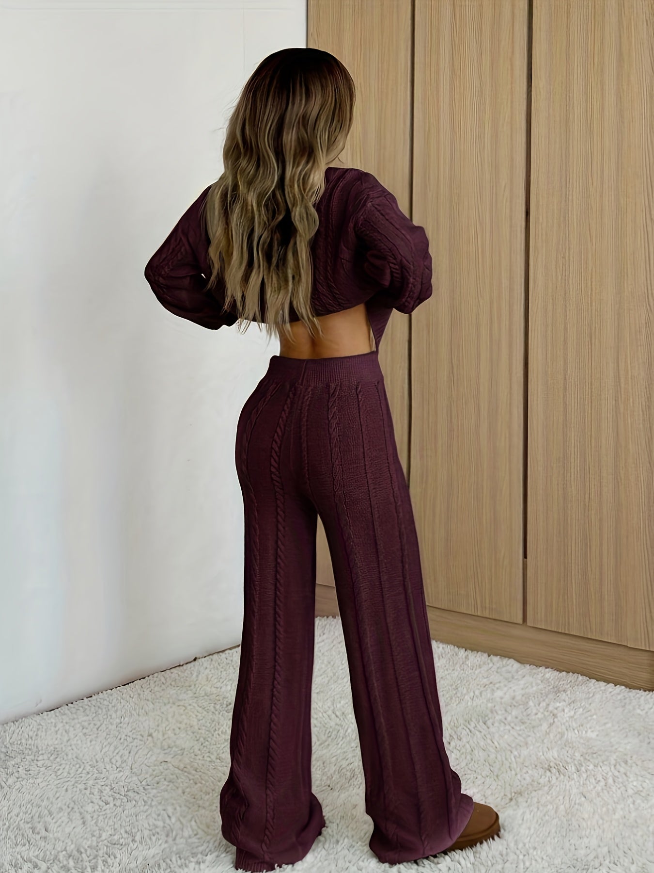 Women'S Casual Long Sleeve Crew Neck Top and Solid Color Pants Set - Cozy Fall/Winter Outfit, Brown, Perfect for Casual Attire, Casual Attire, |crew Neck Top|solid Color Pants, Ladies Tops And Pants Sets