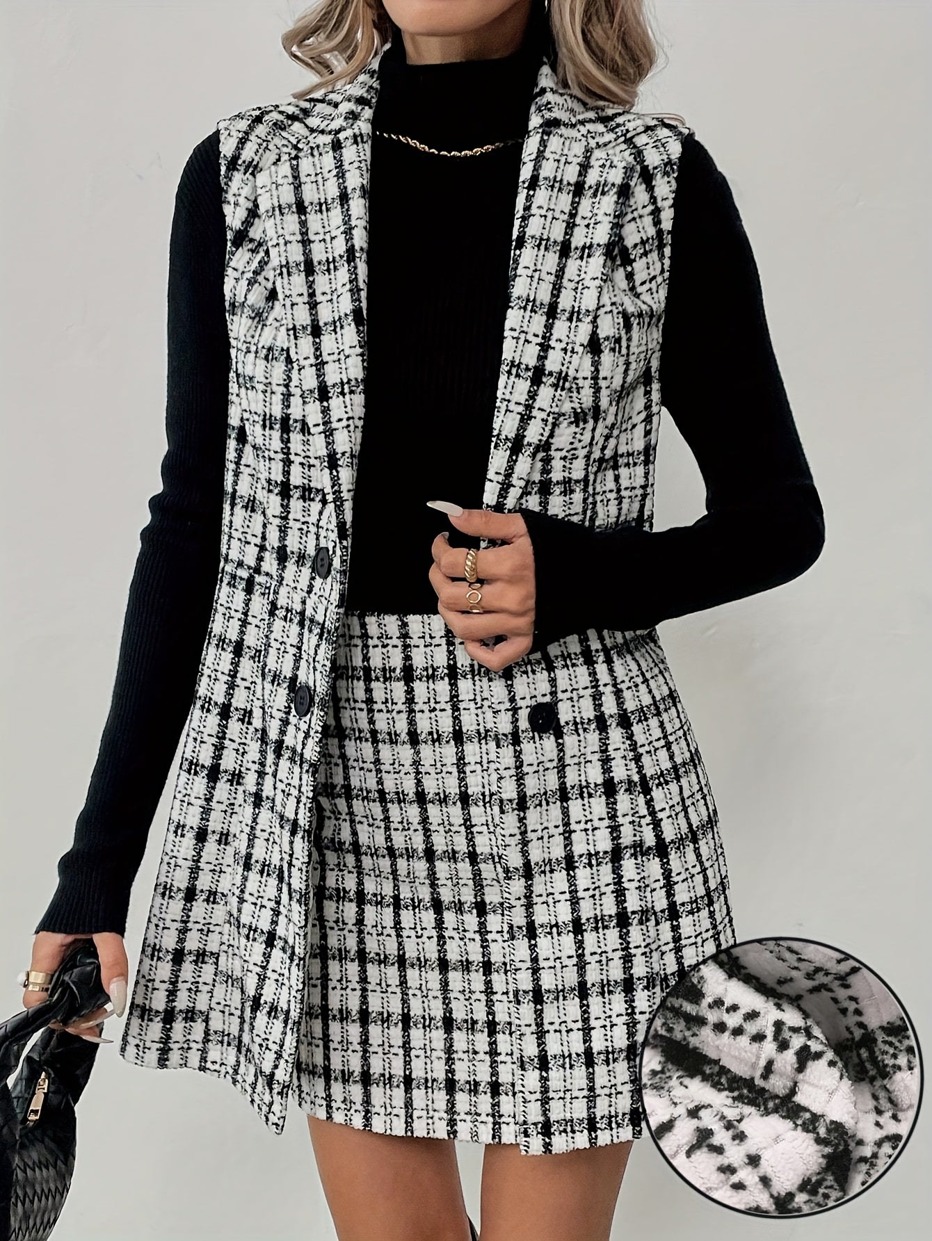 Elegant Plaid Vest & Skirt Set – Double-Breasted Winter Look