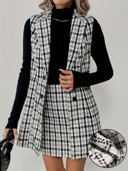 Elegant Plaid Vest & Skirt Set – Double-Breasted Winter Look