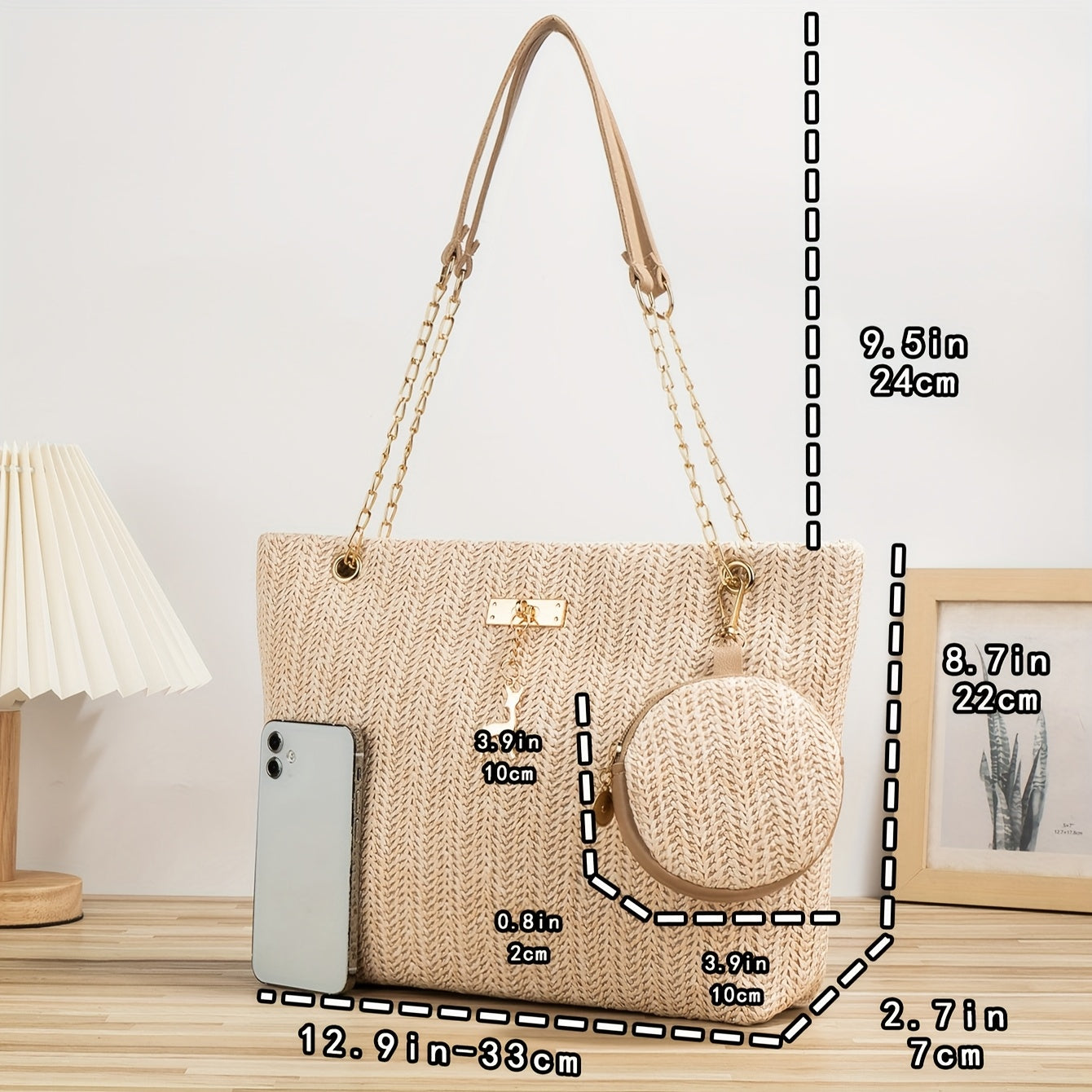 Fashionable Mini Straw Tote Bag for The Beach, Chain Shoulder Bag, Small Handbag, Paired with a Coin Purse. Suitable for Girls, Women, Students, Shopping, Travel, Vacations, Beaches, And Holidays.