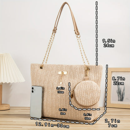 Fashionable Mini Straw Tote Bag for The Beach, Chain Shoulder Bag, Small Handbag, Paired with a Coin Purse. Suitable for Girls, Women, Students, Shopping, Travel, Vacations, Beaches, And Holidays.