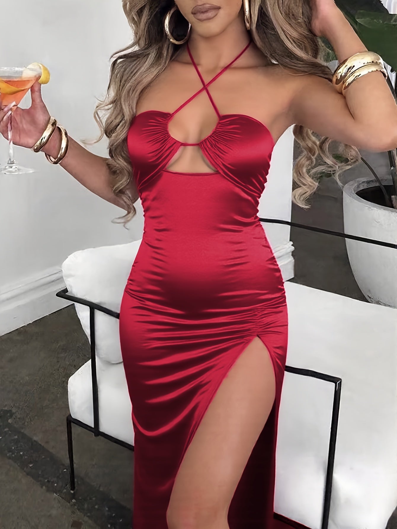 Sexy Criss Cross Neck Bodycon Dress | High Slit, Solid Color, Hollow Detail, Suitable for Spring/Summer/Fall