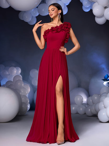 Elegant Wine Red One-Shoulder Pleated Maxi Dress for Women - Sleeveless, Backless, Floor-Length Party & Evening Gown with Belt Detail, Fitted Silhouette, All-Season Wear, Formal Evening Wear | Sophisticated Style | Sophisticated Craftsmanship