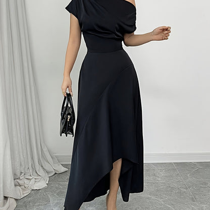 Elegant One-Shoulder Black Dress with Irregular Hem