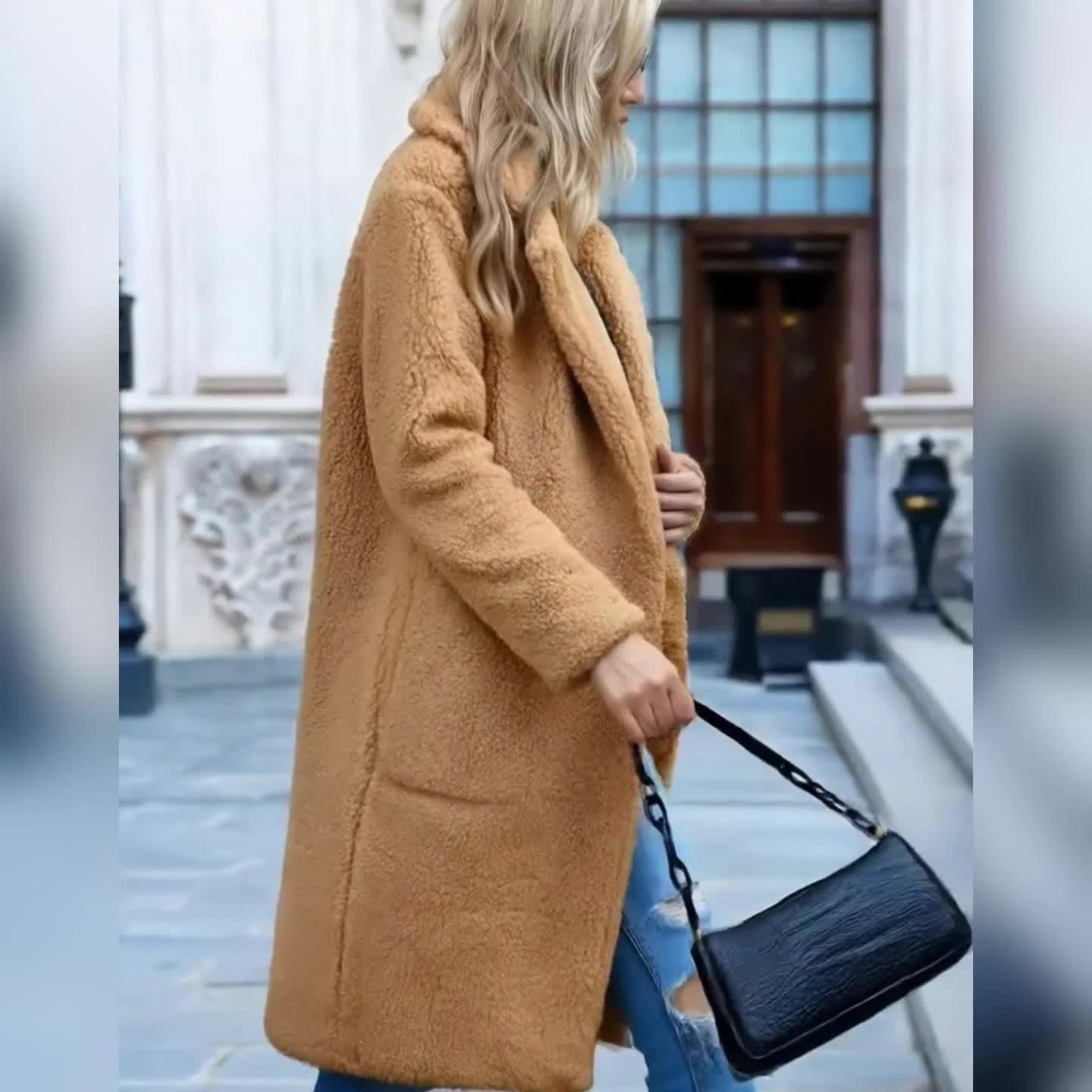 Casaco Elegante de Pelúcia para Mulheres - Jaqueta de Inverno Extra-Longa com Forro de Pelúcia, Camada Externa Macia e Quente, Casaco de Inverno Lavável à Máquina para Outono e Inverno, Bege/Preto/Marrom/Cinza/Azul/Vermelho/Branco/Verde/Roxo/Laranja/Rosa/Amarelo - Casaco Longo de Cor Sólida para Mulheres, Jaqueta de Pelúcia Luxuosa para Clima Frio, Roupa de Inverno Chique e Quente, Adequado para Camadas, Casacos de Inverno Elegantes para Mulheres, Jaqueta com Forro de Fleece