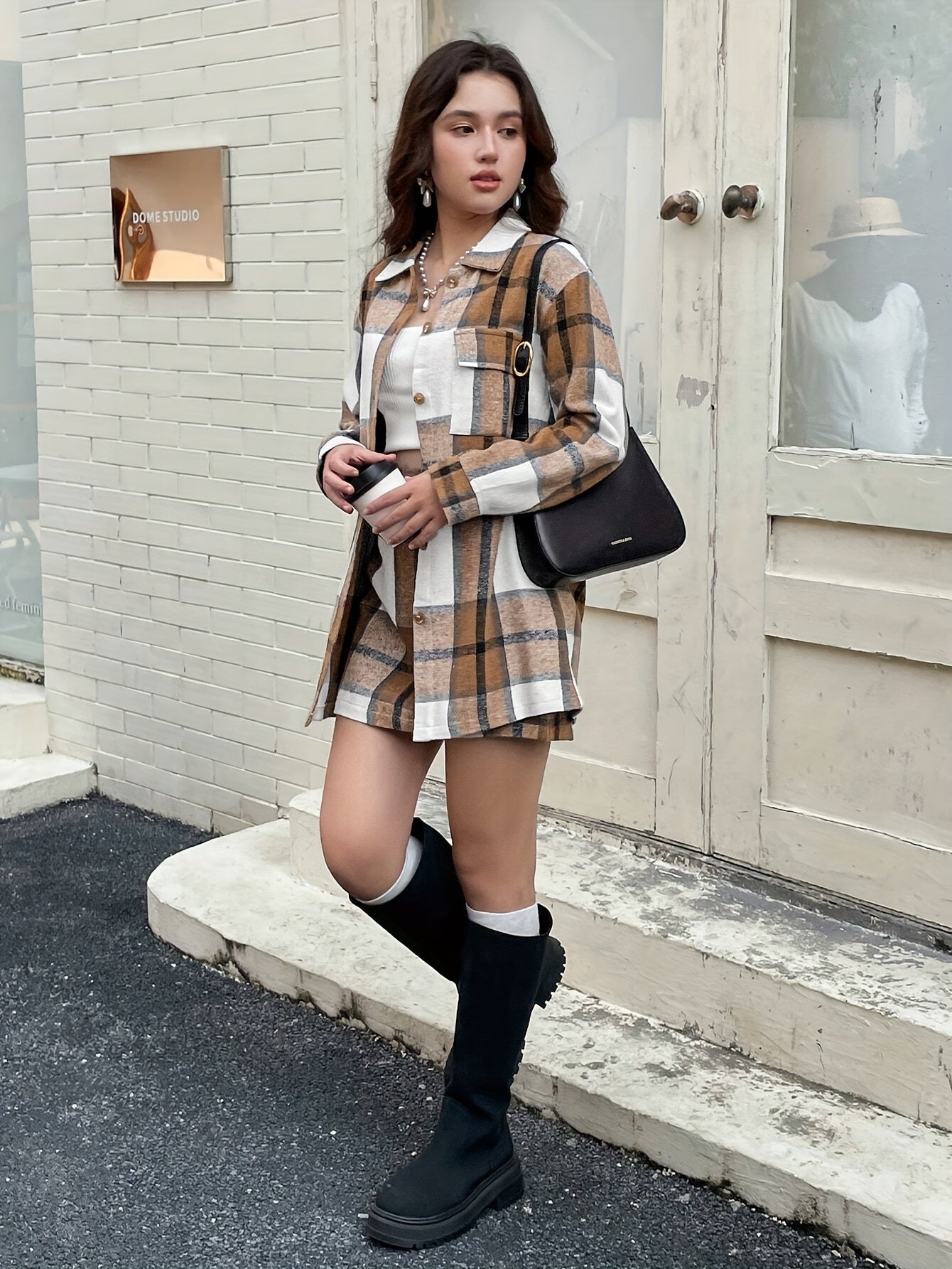Women'S Casual Plaid Long Sleeve Coat and Mini Skirt Set - Chic Two-Piece Outfit with Button Details, Perfect for Fall/Winter, Casual Attire|Chic Two-Piece Set|Button Detailing, Winter Dress For Women, Fall Dresses For Women, Dress For Curvy Women