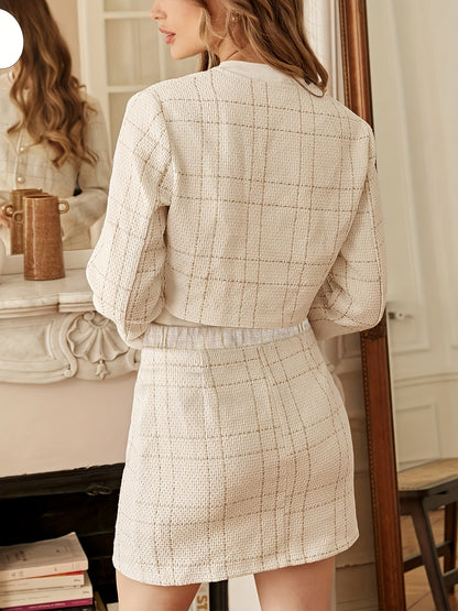 Women'S Elegant Two-Piece Set - Chic & Checkered Coat & Skirt, Long Sleeve, Button-Up Front, Non-Stretch Fabric, Perfect for Fall/Winter, Casual to Formal Wear, Casual Wear | Checkered Coat | Nonstretch Fabric