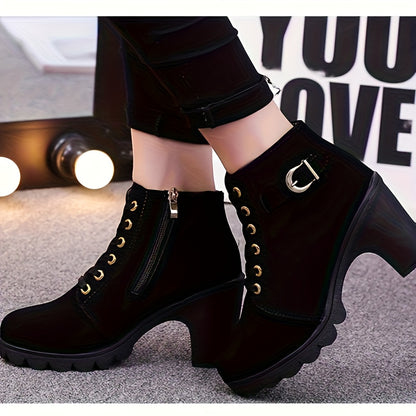 Women's Elegant Faux Cover Chunky High-Heel Ankle Boots with Golden Buckle & Zipper Closure - Round Toe PU Cover Upper, All-Season Black Boots with Golden Hardware for Casual & Formal Events, Office, Parties - Comfortable & Durable Everyday Boots, Chunky Boots for Women, Woman High Heels Boots, Lightweight Boots for Women Plus Size, Boots with Heels, Wide Width Boots for Women
