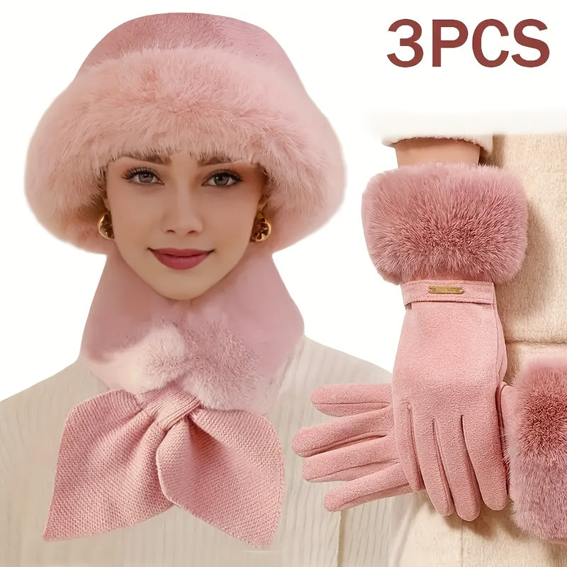 Conjunto de acessórios de inverno para mulheres, 3 peças, luvas de fleece espessas, lenço e chapéu, adequado para o tempo frio e atividades ao ar livre, para todas as estações, leve, ajustado, fecho de fivela, tecido, apenas lavagem à mão, acessórios de inverno | Luvas de fleece | Chapéu de fleece, roupas de inverno