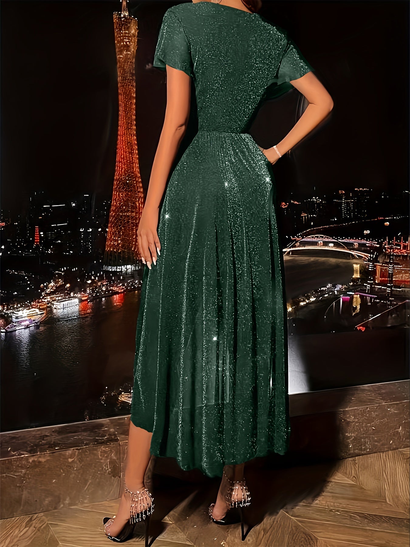 Vestido Elegante com Decote em V e Barra Assimétrica - Poliéster Elástico, Lavável à Máquina, Cor Sólida para Primavera Verão Outono - Moda Feminina, Versátil, Roupa para Eventos Sazonais, Tecido de Alta Elasticidade