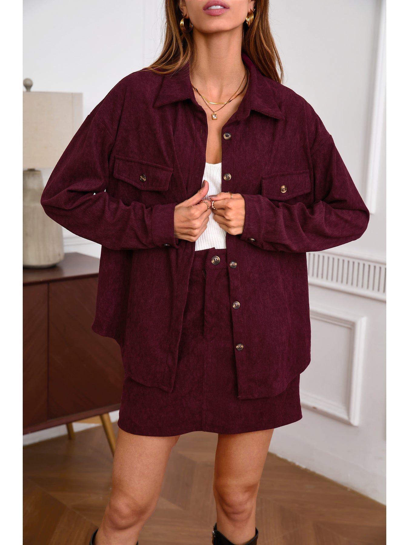 Women'S Elegant Maroon Button-Up Jacket & Skirt Set - Long Sleeve, Non-Stretch Fabric, Solid Color, Versatile Fall/Winter Outfit with Ankle Boots and Quilted Design, Casual to Formal Wear, Casual Attire|Quilted Skirt|Buttonup Jacket