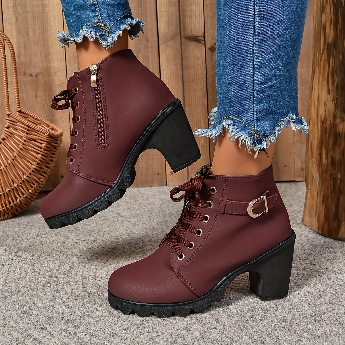 Women'S Chunky Heel Ankle Boots - Casual Lace-Up with Side Zipper, Round Toe PU Cover Boots in Black, Brown, Olive Green, and Burgundy, Comfortable Fabric Lining for All-Season Wear, Versatile Footwear | Chunky Heel Boots | Durable PU Cover