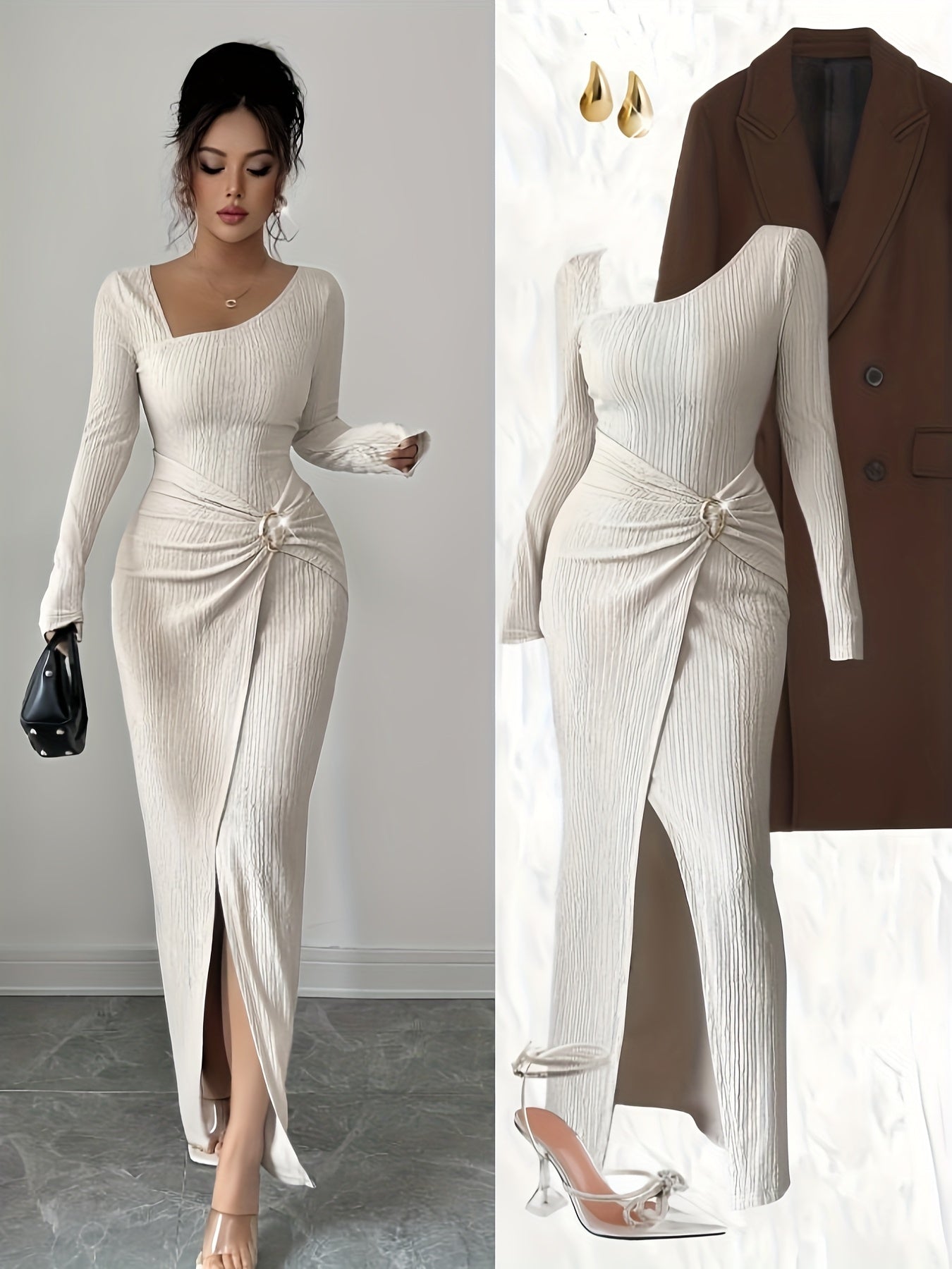 Women's Elegant Long Sleeve Mermaid Dress with Asymmetrical Neckline & Slit - Long Train Maxi Length, High-Low Hem, Brown (Formal Wedding Guest/Bridesmaid Gown) - Machine Washable Stretch -like Party Wedding Dress