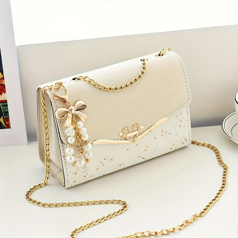 Elegant Sequin and Pearl Embellished Messenger Bag with Golden Chain Strap | Fashion Flip Cover, Adjustable Shoulder Strap, Ideal for Parties and Gifts, White Ivory Color, Magnetic Snap Closure, Dual Large Compartments