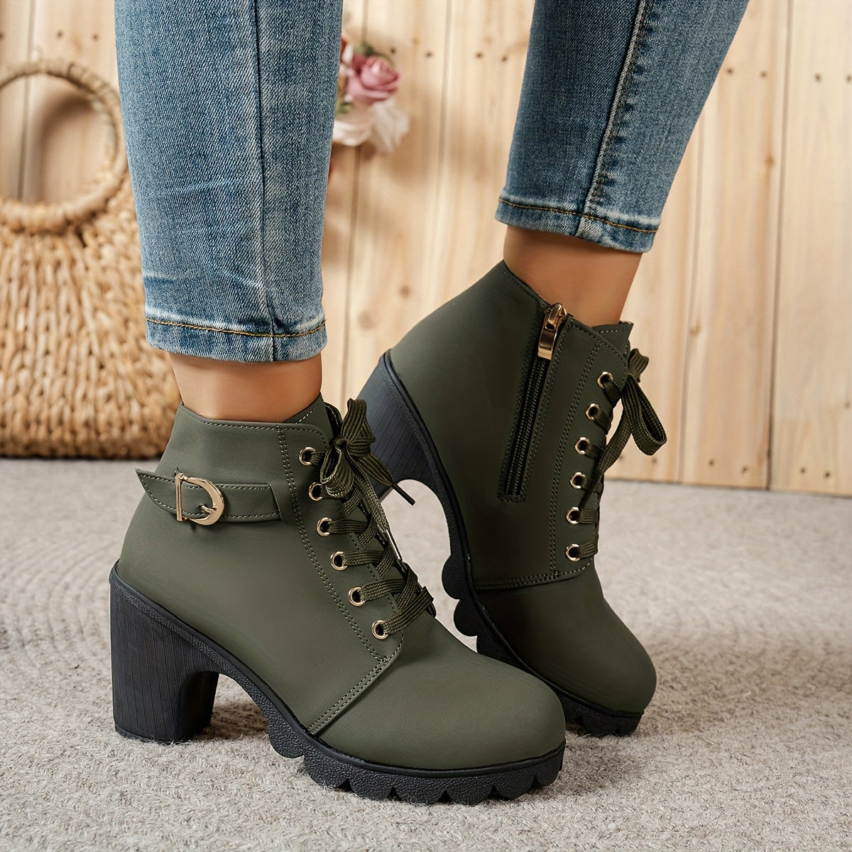 Women's Chunky Platform Ankle Boots - Side Zipper & Lace-Up Closure, Round Toe Boots with Non-Slip Rubber Sole - All-Season Cushioned Interior - Synthetic Cover Shoes in Black, Brown, Navy Green, Burgundy, Blue, Grey - for Casual, Formal, Everyday