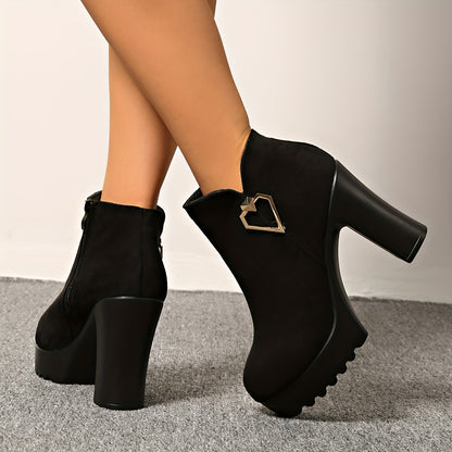 Vintage Style Platform High Heel Ankle Boots with Metal Heart Decoration, Fashionable Versatile Sweet-Cool High Heels, Thick Platform Chunky Heel, Metal Heart Buckle, Convenient Zipper Design, Runs Small One Size