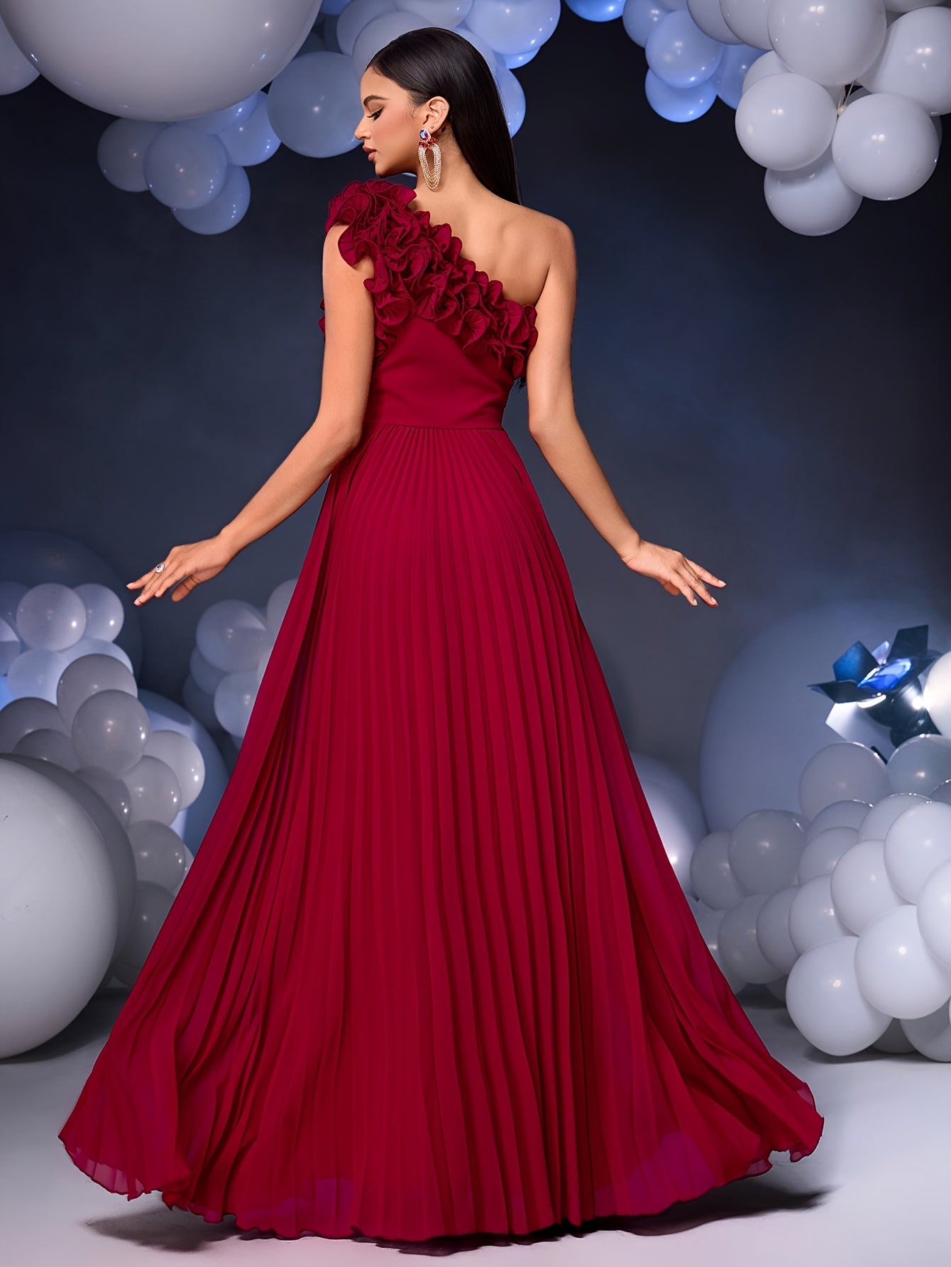 Elegant Wine Red One-Shoulder Pleated Maxi Dress for Women - Sleeveless, Backless, Floor-Length Party & Evening Gown with Belt Detail, Fitted Silhouette, All-Season Wear, Formal Evening Wear | Sophisticated Style | Sophisticated Craftsmanship