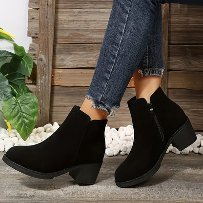 1pr Women's Solid Color Mid Heel Block Boots with Side Zipper, Plain Toe Fabric Upper, TPU Sole, All-Season Comfort Ankle Booties, Casual Footwear|Stylish Zipper Boots|Stable Block Heel