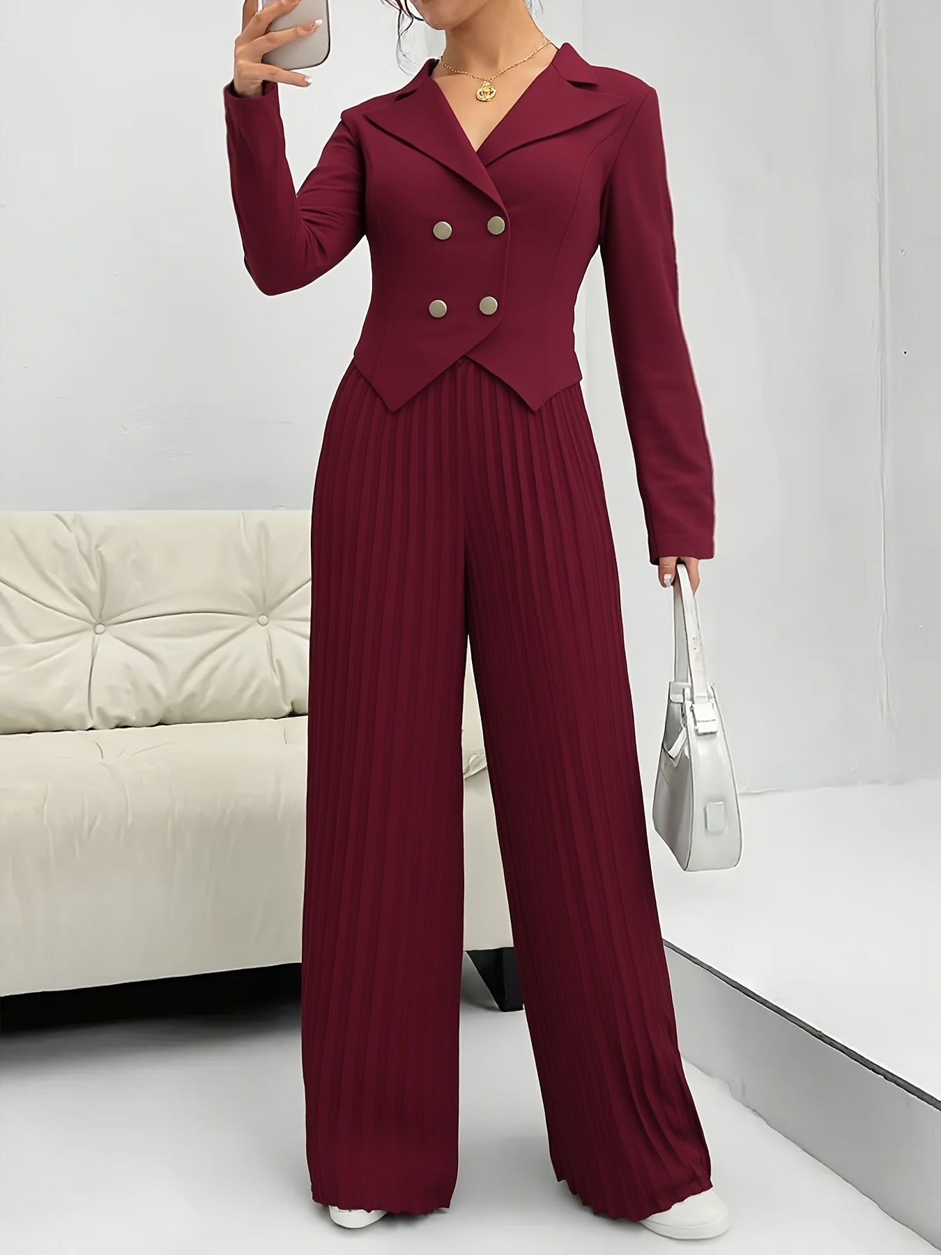Women'S Elegant Solid Color Slim-Fit Blazer & Wide-Leg Pants Two-Piece Set - Long Sleeve Button-Up Jacket with Pockets, Flared Legs, and Structured Fit, All-season Versatile Office To Casual Wear, Versatile Fashion, Sophisticated Style