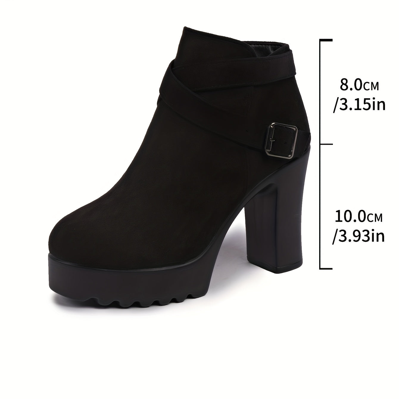 Spicy Black Buckle Chunky Heel Ankle Boots, The Party-Stealing Boots! Black Thick-Sole High Heels with Metal Buckle, Runs Small One Size