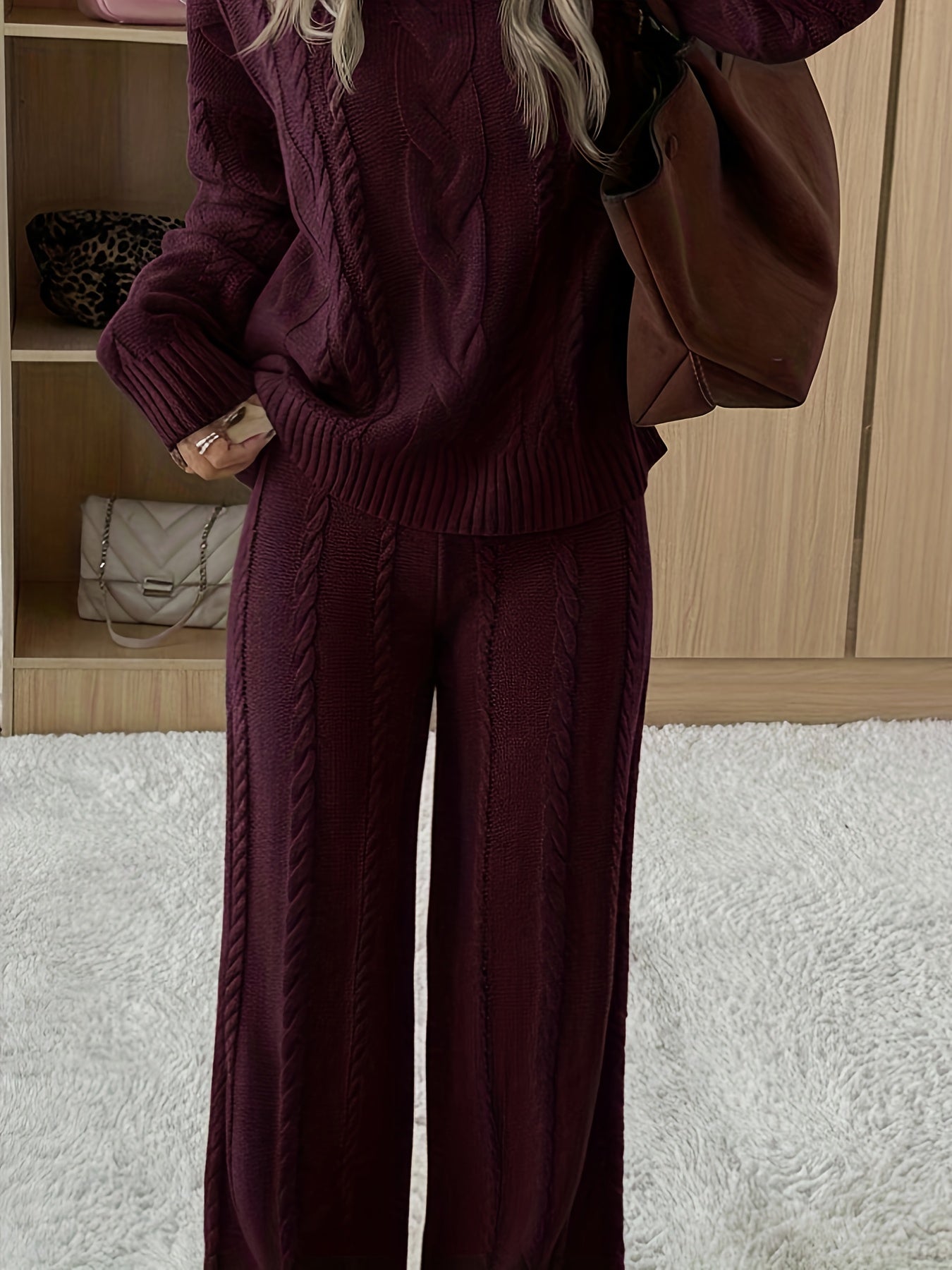 Women'S Casual Long Sleeve Crew Neck Top and Solid Color Pants Set - Cozy Fall/Winter Outfit, Brown, Perfect for Casual Attire, Casual Attire, |crew Neck Top|solid Color Pants, Ladies Tops And Pants Sets