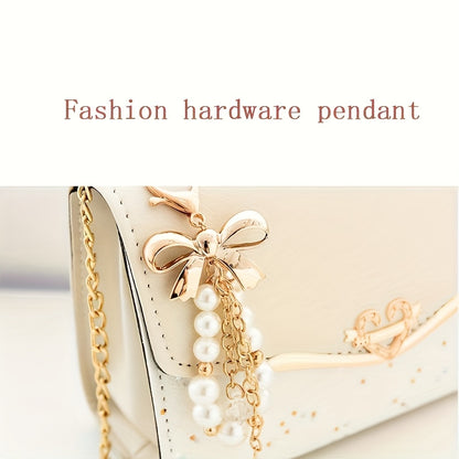 Elegant Sequin and Pearl Embellished Messenger Bag with Golden Chain Strap | Fashion Flip Cover, Adjustable Shoulder Strap, Ideal for Parties and Gifts, White Ivory Color, Magnetic Snap Closure, Dual Large Compartments