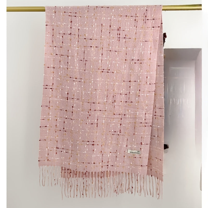 1 Peça Cachecol de Inverno para Mulheres com Forro de Fleece - Xale Grosso Xadrez com Franjas, Tassel Marrom e Bordô, Colar Macio e Quente para Clima Frio, Presente de Natal (Não Elástico, Estilo Europeu) - Bordô/Marrom/Branco