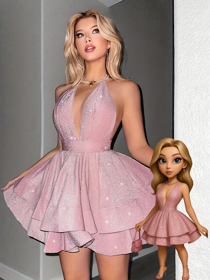 Vestido mini vermelho elegante com decote off-shoulder e franzido para mulheres - Sexy decote em V profundo, design sem costas, saia fluída, perfeito para festas e eventos de primavera/verão, vestido de festa | Textura franzida | Tecido de poliéster