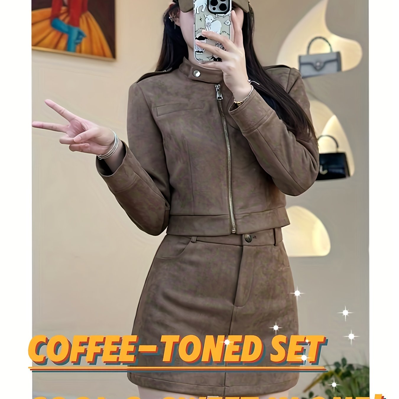 Chic Brown Biker Set: Jacket & A-Line Skirt