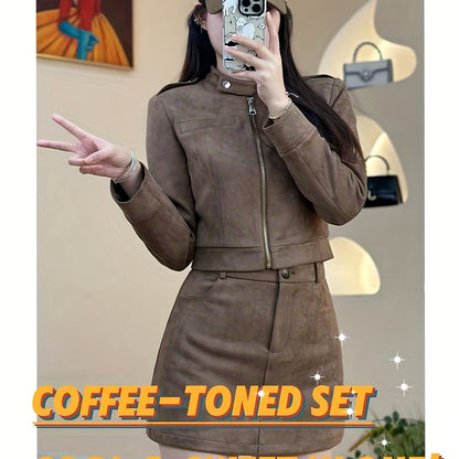 Chic Brown Biker Set: Jacket & A-Line Skirt