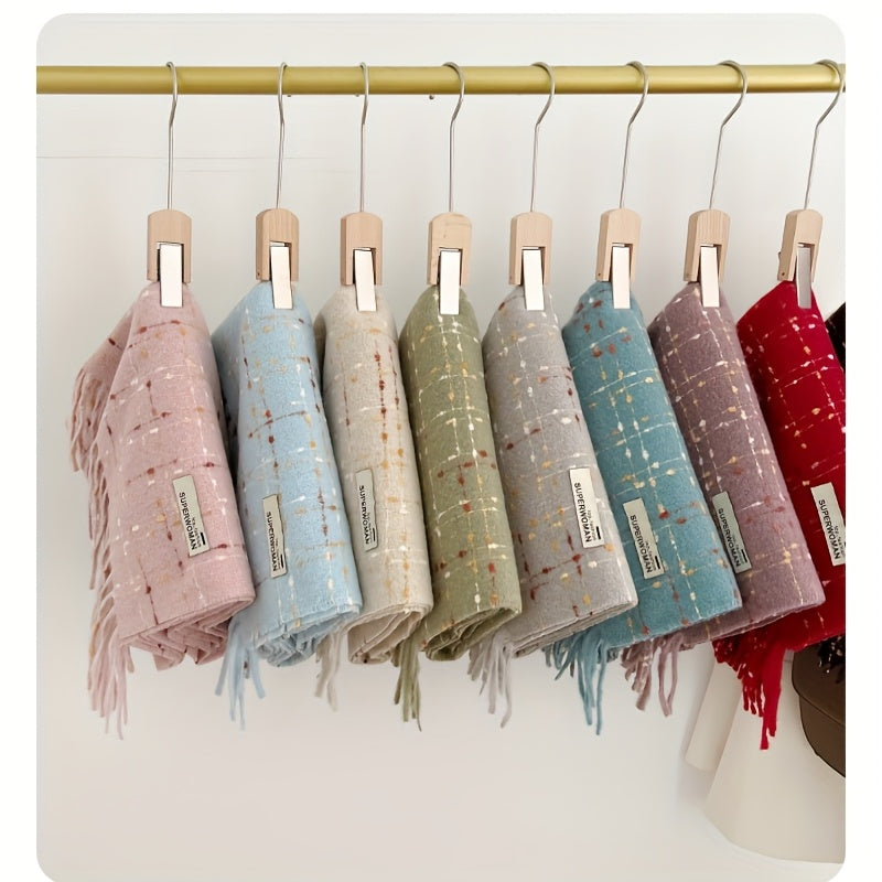 1 Peça Cachecol de Inverno para Mulheres com Forro de Fleece - Xale Grosso Xadrez com Franjas, Tassel Marrom e Bordô, Colar Macio e Quente para Clima Frio, Presente de Natal (Não Elástico, Estilo Europeu) - Bordô/Marrom/Branco