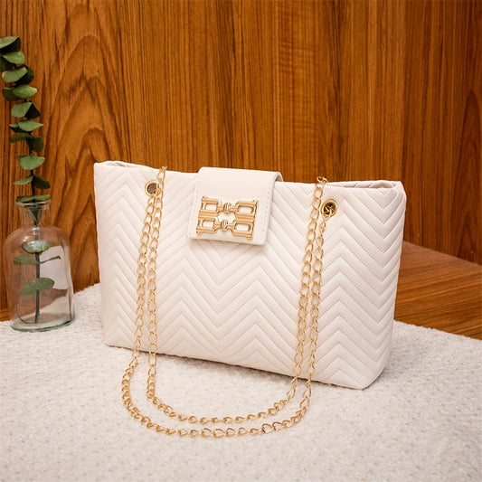 Lightweight PU Elegant White Shoulder Bag with Quilted Pattern, Detachable Chain Strap, Magnetic Closure, Polyester Lined, Hand Washable - Versatile Daily Carry Cosmetic Bag