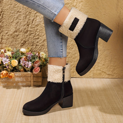 Women'S Elegant Western-Style Chunky Heel Ankle Boots with Side Zipper & Plush Faux Fur Lining - Thick Rubber Sole, Round Toe, Fabric Upper for Winter Comfort & Casual Outfits, Winter Footwear, Round Toe Boot, Durable Rubber Sole, Fabric Construction, Warm Lining, Fashion Women
