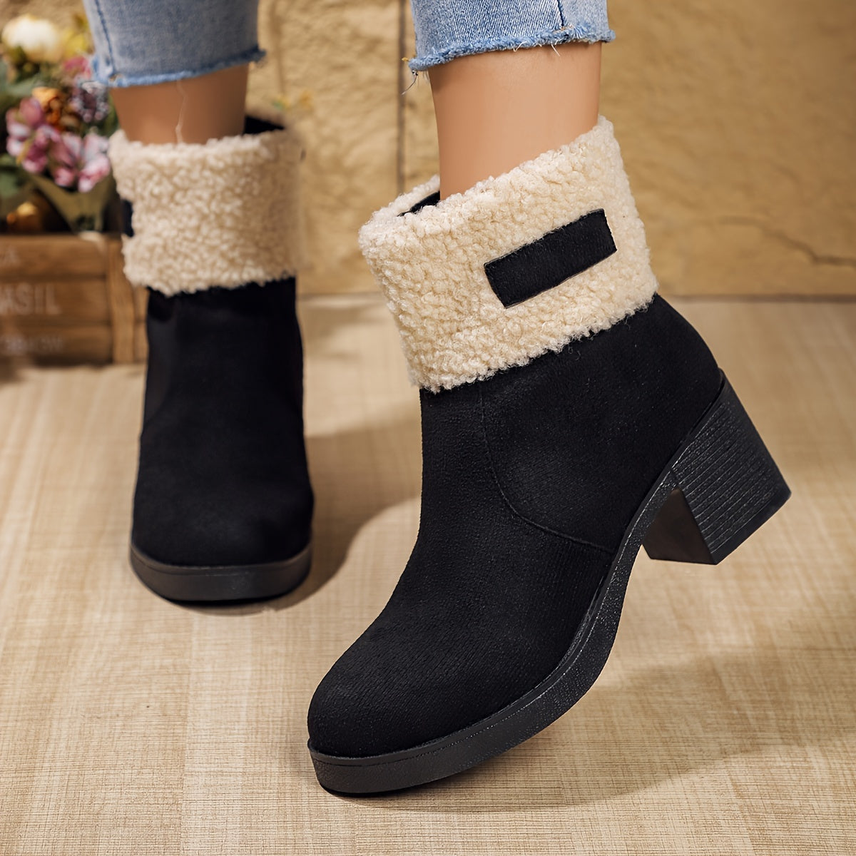Women'S Elegant Western-Style Chunky Heel Ankle Boots with Side Zipper & Plush Faux Fur Lining - Thick Rubber Sole, Round Toe, Fabric Upper for Winter Comfort & Casual Outfits, Winter Footwear, Round Toe Boot, Durable Rubber Sole, Fabric Construction, Warm Lining, Fashion Women