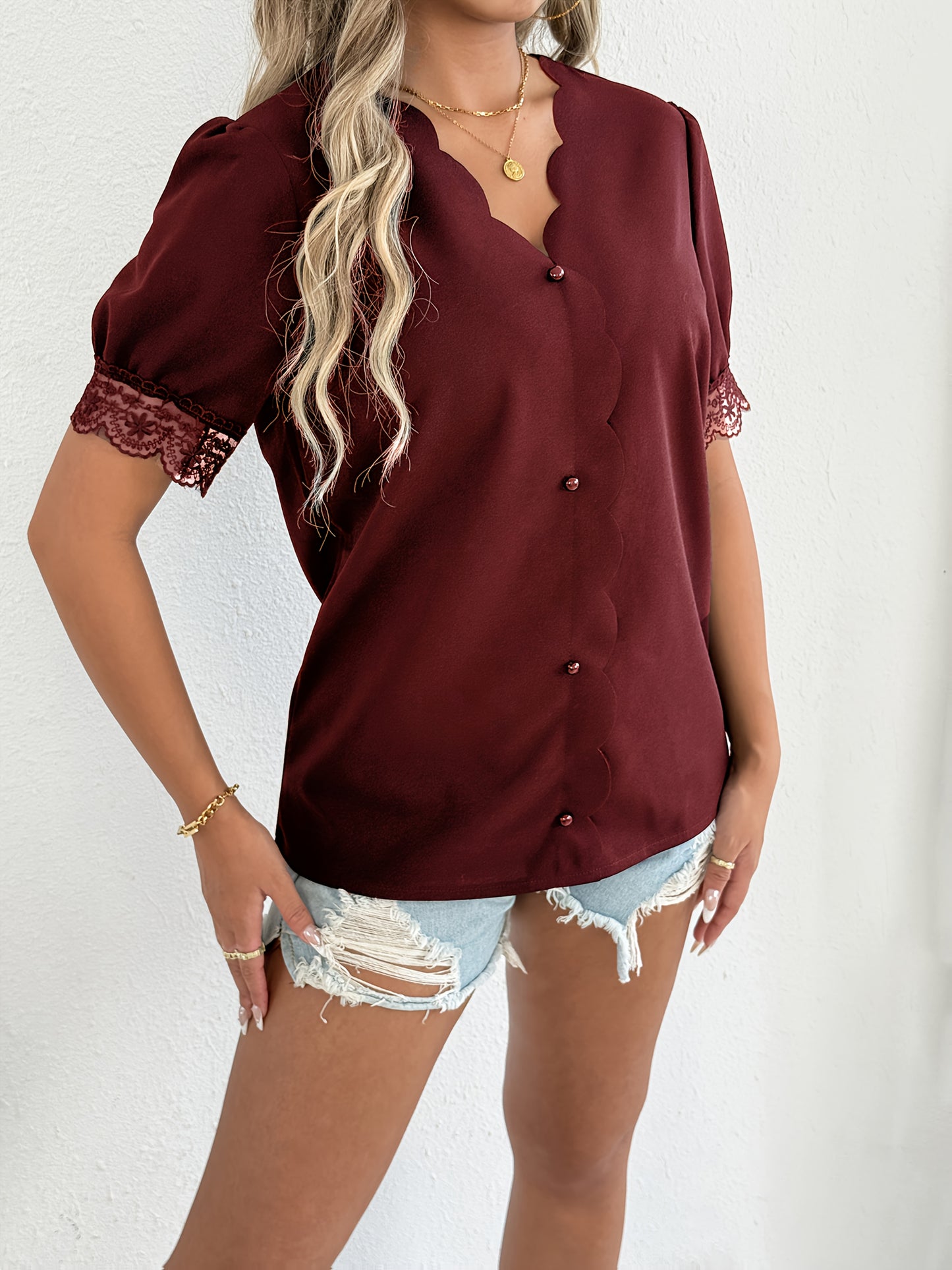 Women's Summer Casual Solid Color V-Neck Short Sleeve Shirt