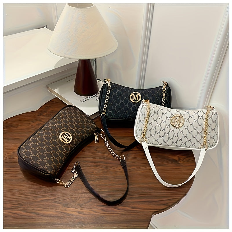 French Vintage Underarm Bag for Women, New Letter Print Crossbody Small Square Bag with Chain Strap, Perfect Lily Adjustable Crossbody Bag with M Logo - Zipper Closure Shoulder Bag, Suitable for Daily Commuting and Casual Outings, Light Brown/White/Black, Multifunctional Handbag, Fashion Accessory, Elegant Women'S Shopping Halloween, Christmas Gift, Handbag, Women'S Small Wallet, Fashionable Women Bags