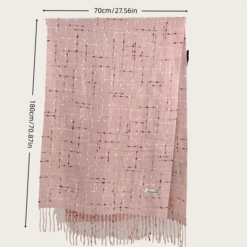 1 Peça Cachecol de Inverno para Mulheres com Forro de Fleece - Xale Grosso Xadrez com Franjas, Tassel Marrom e Bordô, Colar Macio e Quente para Clima Frio, Presente de Natal (Não Elástico, Estilo Europeu) - Bordô/Marrom/Branco