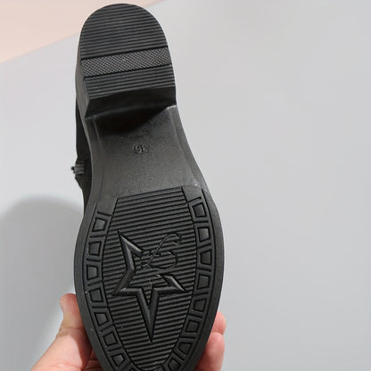 1pr Women's Solid Color Mid Heel Block Boots with Side Zipper, Plain Toe Fabric Upper, TPU Sole, All-Season Comfort Ankle Booties, Casual Footwear|Stylish Zipper Boots|Stable Block Heel