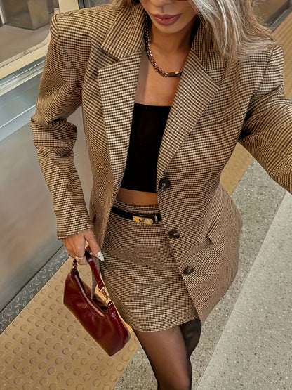 2pcs Women's H-Shape Tailored Suit Set - Houndstooth Check Blazer & A-Line, Elegant Collar Jacket & Matching Professional Outfit for, Business, Weddings - All-Season Tailored Suit (No Belt)