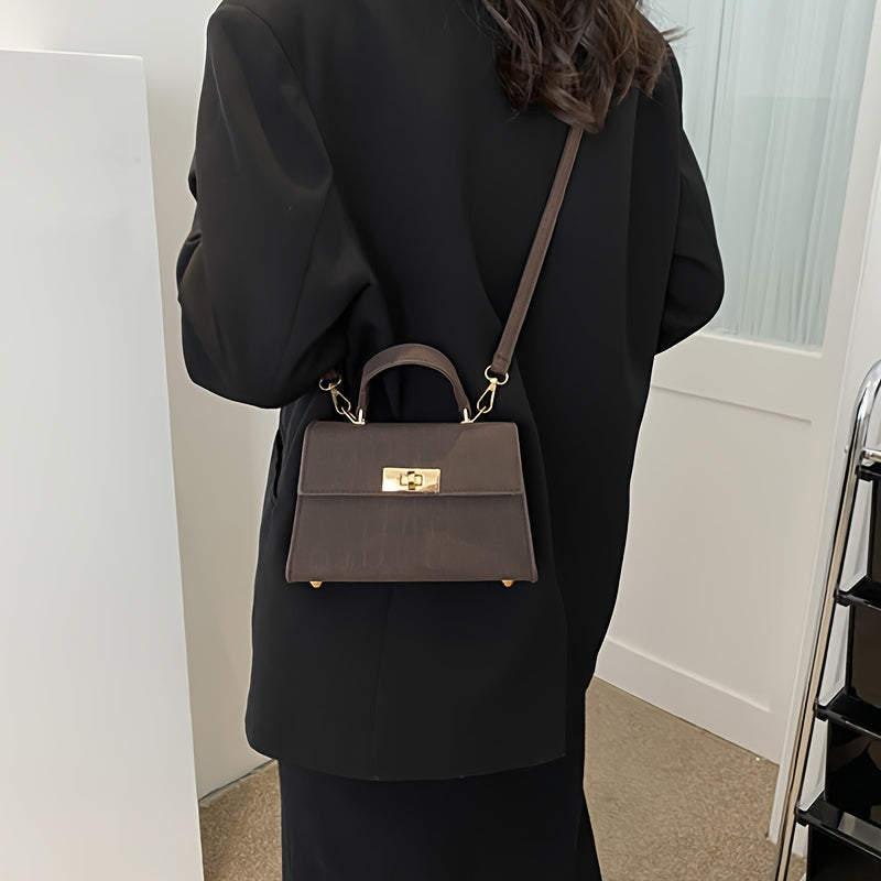 Women'S Elegant Retro Handbag & Crossbody Bag - Glossy / Brown/ Golden-Tone -like Texture, Golden-Tone Hardware & Turn-Lock Closure, Compact Mini Purse For Everyday, Purse, Crossbody Purse For Women, Handbag For Women, Designer Handbag For Women