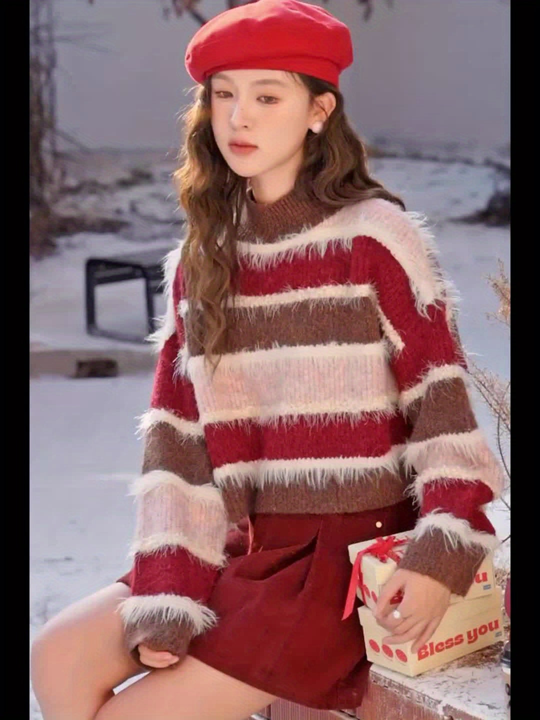 Christmas Halloween Theme - ootd Korean Fall Denim Skirt and Striped Sweater Two Piece Set, Fashionable to Wear/ Fabric Comfortable- Clashing Stripes Design - Autumn New Style!