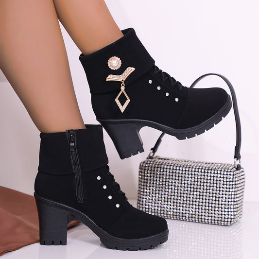 Women'S Black Faux Cover Ankle Boots with Chunky Platform Heel, Golden-Tone Buckle & Chain Accents, Round Toe & Zipper Closure - All-Season Casual Boots, High Heel Boots, Stylish Footwear, Durable Rubber Sole