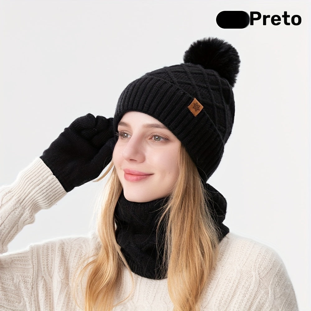 Conjunto de 3 peças para adolescentes: gorro, luvas e cachecol tricotados de inverno, proteção contra vento, touca sem aba, lenço quente, luvas touchscreen - ideal para encontros ao ar livre, festas e presentes de Natal