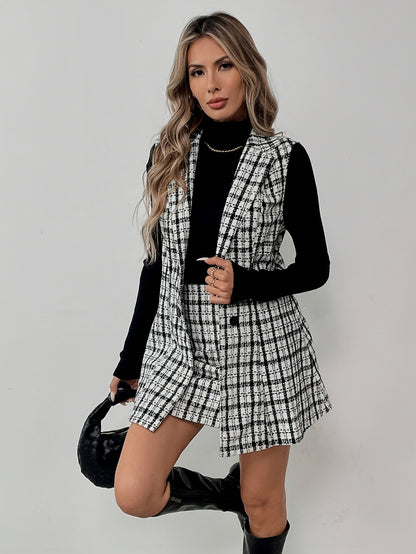 Elegant Plaid Vest & Skirt Set – Double-Breasted Winter Look