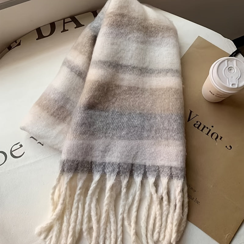Cachecol Feminino de Inverno Estilo Bohemio com Franja - Xale Grosso à Prova de Vento em Listras Bege/Marrom/Rosa, Ideal para Clima Frio ao Ar Livre, Xale Macio e Quente de Poliéster para Jaquetas e Casacos, Acessório Boho Lavável à Mão