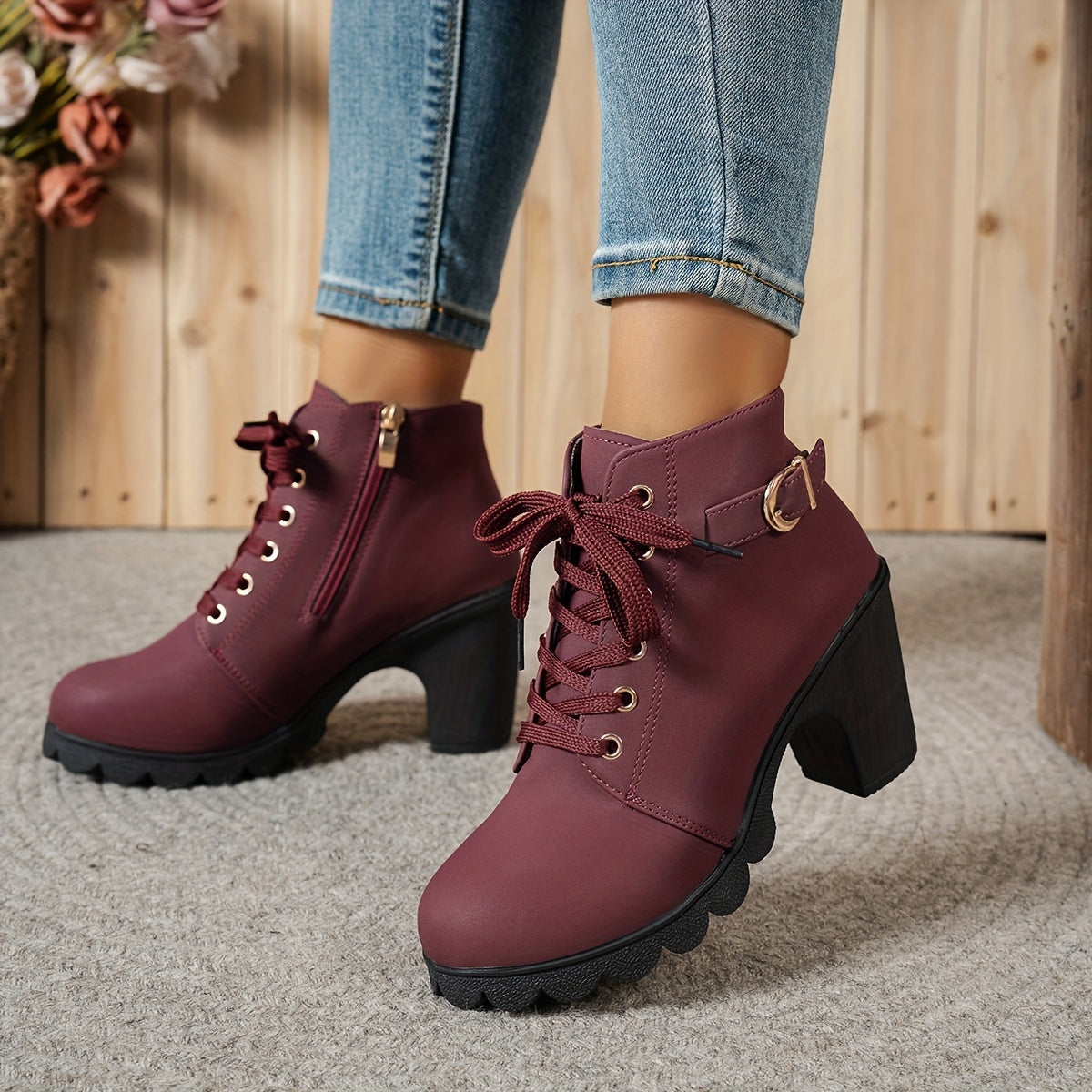 Women's Chunky Platform Ankle Boots - Side Zipper & Lace-Up Closure, Round Toe Boots with Non-Slip Rubber Sole - All-Season Cushioned Interior - Synthetic Cover Shoes in Black, Brown, Navy Green, Burgundy, Blue, Grey - for Casual, Formal, Everyday