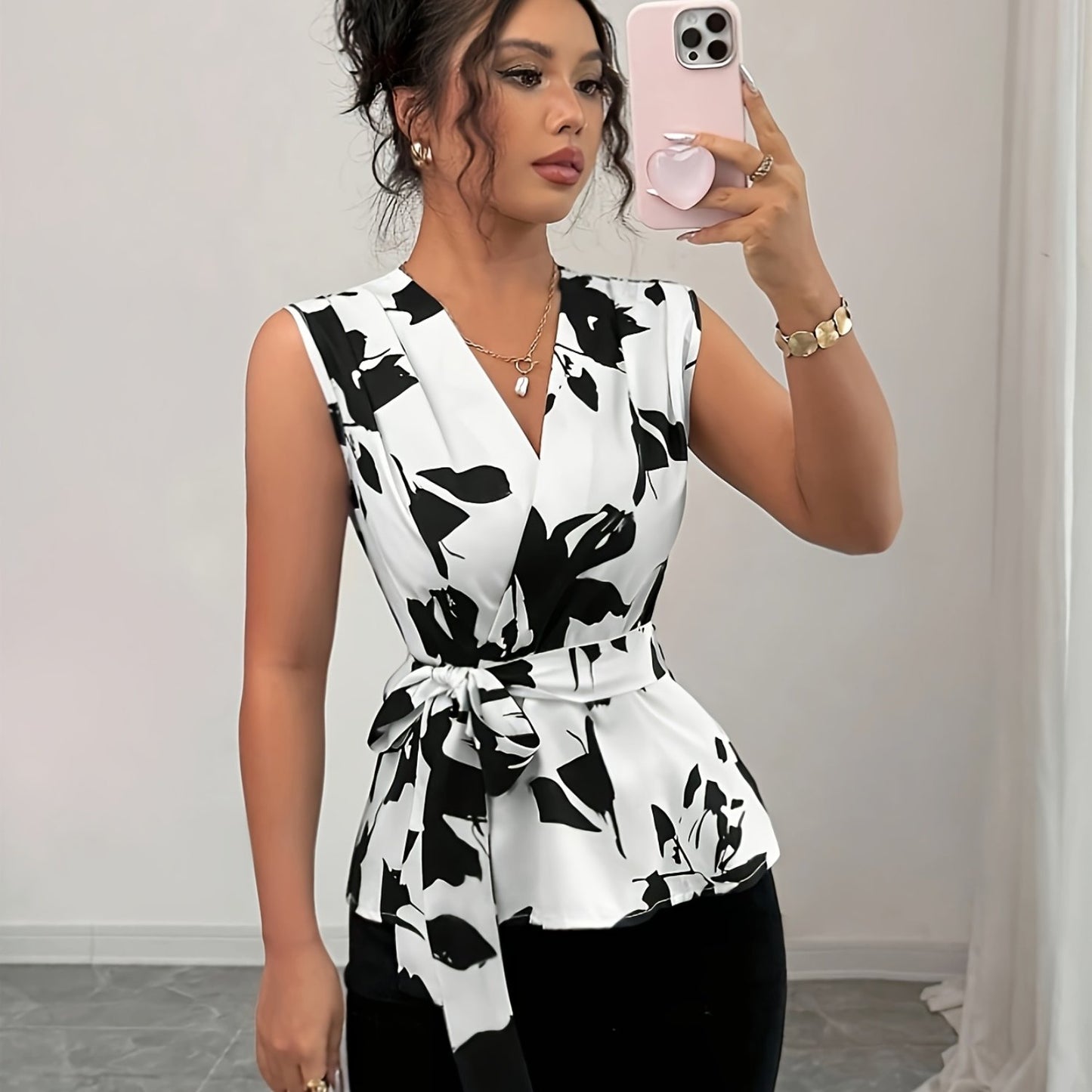 Elegant V-Neck Blouse with Leaf Print - Tie Waist
