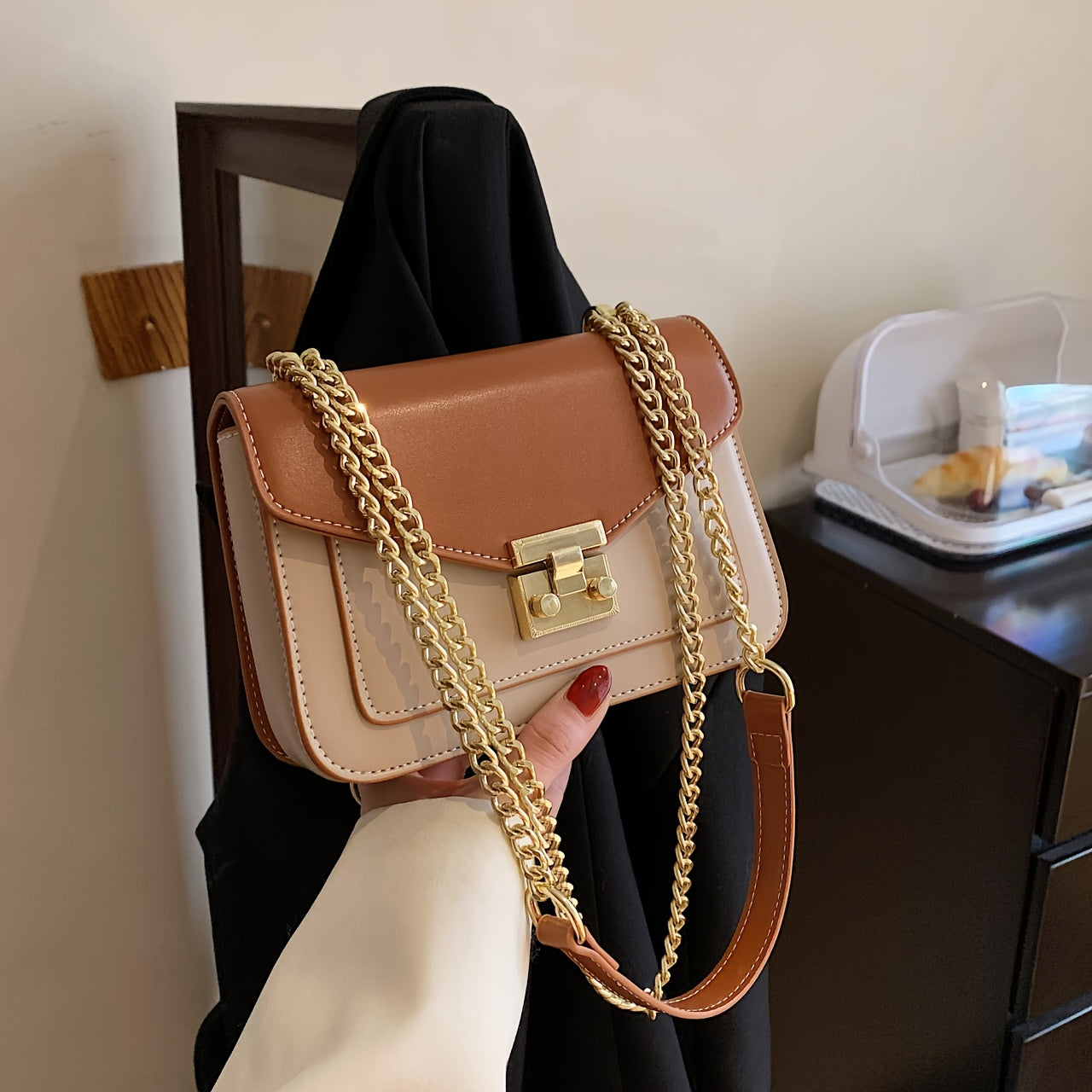 Women'S Mini Turnlock Square Handbag with Golden-Tone Chain Strap - Elegant Beige & Brown Synthetic Mini Crossbody Bag, Golden-Tone Hardware & Turnlock Closure