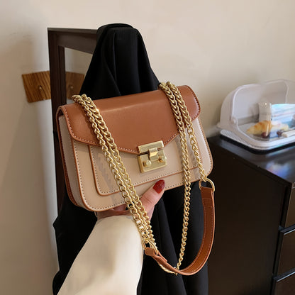 Women'S Mini Turnlock Square Handbag with Golden-Tone Chain Strap - Elegant Beige & Brown Synthetic Mini Crossbody Bag, Golden-Tone Hardware & Turnlock Closure