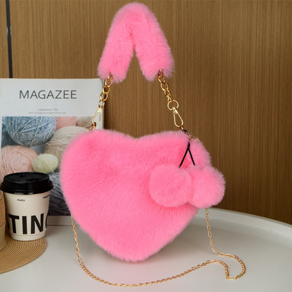 Women's Plush Heart-Shaped Shoulder Bag with Fluffy Pom-Pom Accent - Soft Imitation Fur Handbag, Zipper Closure & Wrist Strap, Cozy Winter Bag in Beige/Pink/White/Red/Black, Versatile for Everyday & Special Occasions